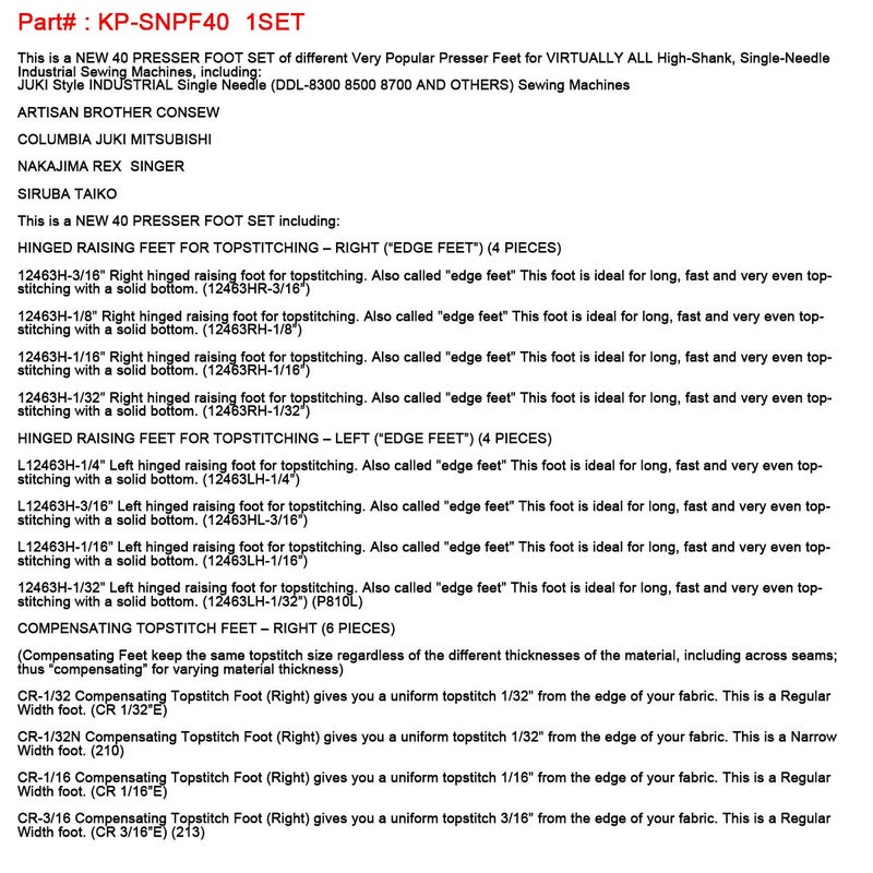 CKPSMS brand-40PCS Presser feet Compatible with/Replacement for JUKI Brand DDL-5550,DDL-8500,DDL-9000,TL98E,TL-98Q,TL-2010Q Singer Brand 20U,31-15,195K,196K Single Needle High Shank Sewing Machine - Image 4